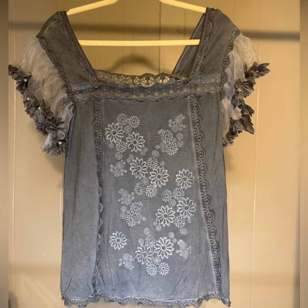 POL Gray Floral Embroidered Blouse